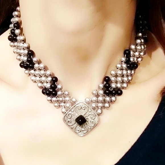 Vintage Taxco Signed Sterling Silver Onyx Beaded Choker Necklace - Picture 7 of 8